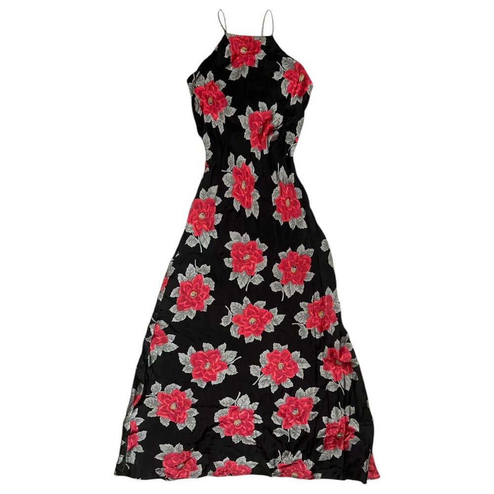 Vintage Floral Maxi Slip Dress Black Red Size 4 Y2K Vampire Romantic Bias‎ Cut